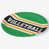 VOLLEYBALL Spaß Hellgrüne, schwarz-gelbe Streifen Pappteller (Schrägansicht)