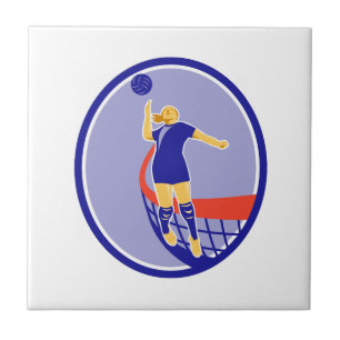 Volleyball-Spieler, der Ball-ovales Retro Fliese