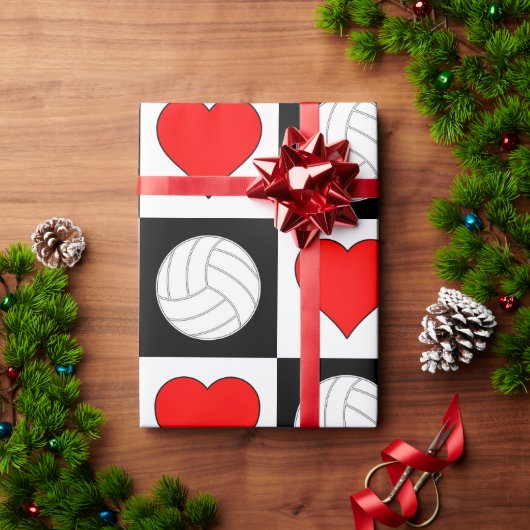 Volleyball und Herz schwarz und weiß kariert Geschenkpapier (Feiertagsgeschenk)