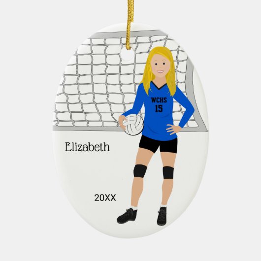 Volleyball Weibliche Blonde Blau & Schwarz Keramik Ornament (Vorne)