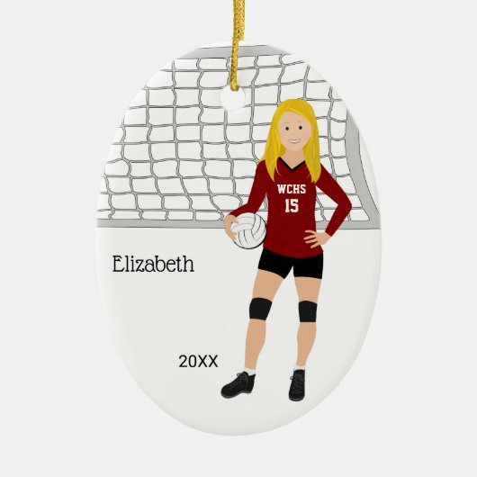 Volleyball Weibliche Blonde Rot & Schwarz Keramik Ornament (Vorne)