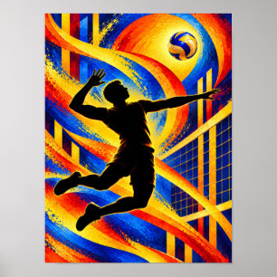 Volleyballspieler springt für eine Spike-Silhouett Poster
