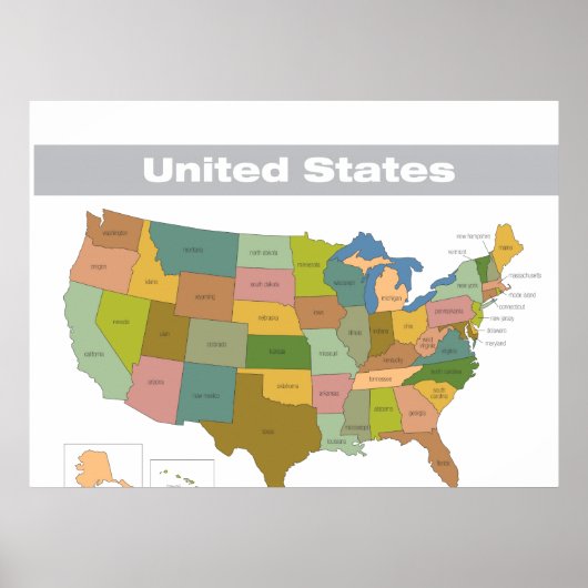 Vollfarbige Karte der Staaten Poster (Vorne)