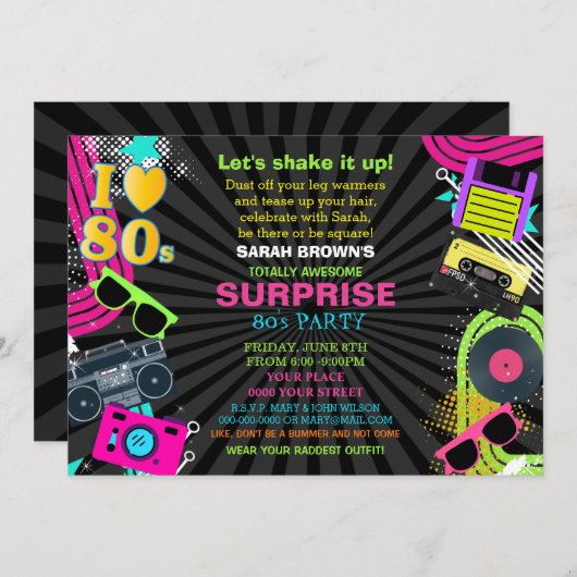 völlig phantastische 80er-Party Einladung (Vorne/Hinten)