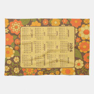 Volljähriger Kalender - Retro-Blume - Grün braun Geschirrtuch
