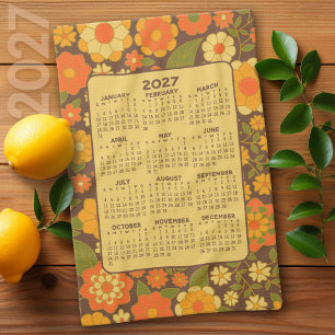 Volljähriger Kalender - Retro-Blume - Grün braun Geschirrtuch