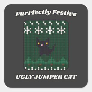 Vollkommen festlicher schwarzer Katzen-Weihnachtsp Quadratischer Aufkleber