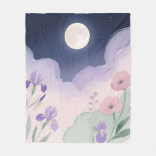 Vollmond Aquarell Iris Blumen Nacht Fleecedecke