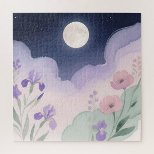 Vollmond Aquarell Iris Blumen Nacht Puzzle