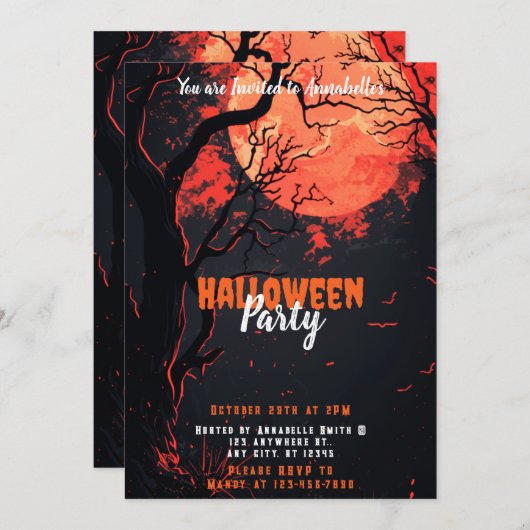 Vollmond Bäume Fledermäuse Creepy Halloween-Party Einladung (Vorne/Hinten)