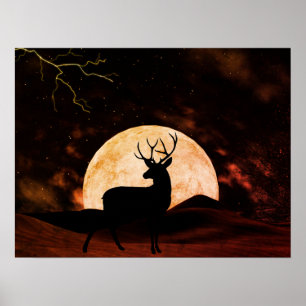 Vollmond, Blitz und Silhouette Buck Poster