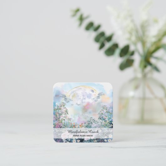 *~*Vollmond Blume QR Floral AP70 Ethereal Blau Quadratische Visitenkarte (Stehend Vorderseite)