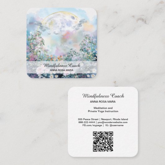 *~*Vollmond Blume QR Floral AP70 Ethereal Blau Quadratische Visitenkarte (Vorne/Hinten)