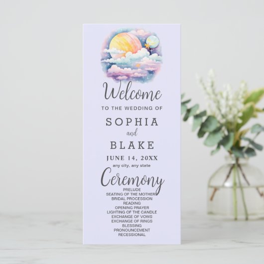 Vollmond Celestial Stars Lavender Wedding Programm (Stehend Vorderseite)