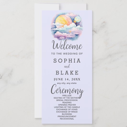 Vollmond Celestial Stars Lavender Wedding Programm (Vorderseite)