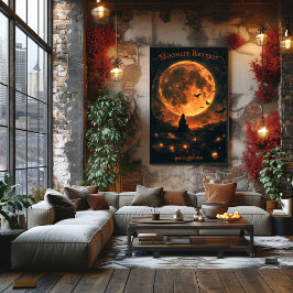 Vollmond Halloween mit Fledermäusen, Kerzen und Na Poster