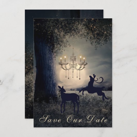 Vollmond, Hirsch, Landschaftlicher See Hochzeit Save The Date (Vorne/Hinten)