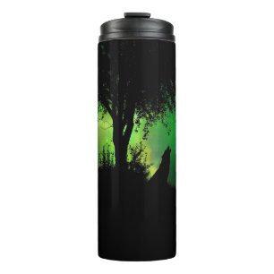 Vollmond-Howling-Wolf-Silhouette unter Baum Thermosbecher