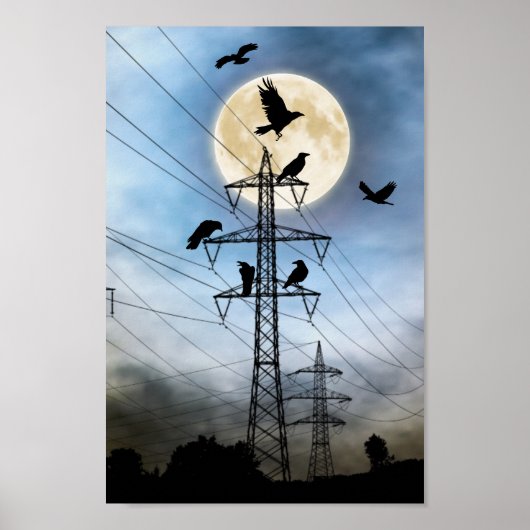 Vollmond, Krähen, Power Linien und Türme Poster (Vorne)