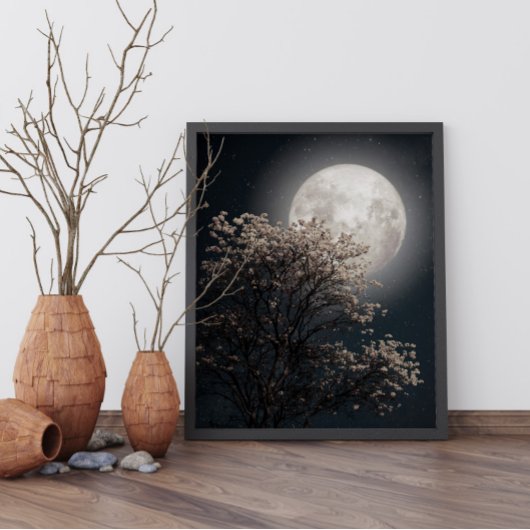 Vollmond mit blühendem Baum Poster