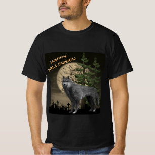 Vollmond mit grauem Wolf Frohes Halloween  T-Shirt