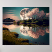 Vollmond mit rosa Blumenbäumen Poster (Vorne)