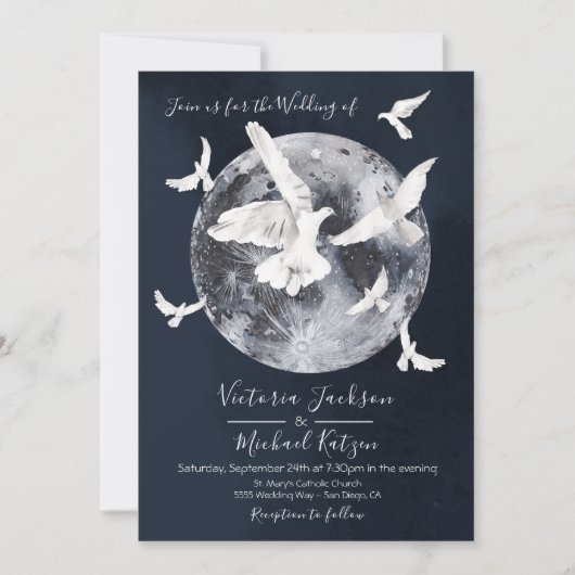 Vollmond mit Tauben Hochzeitseinladungen Einladung (Vorderseite)
