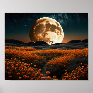Vollmond-Orange-Feld der Blume Poster