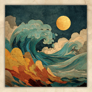 Vollmond-Ozeanwellen – Abstrakter Küstenstrand Poster