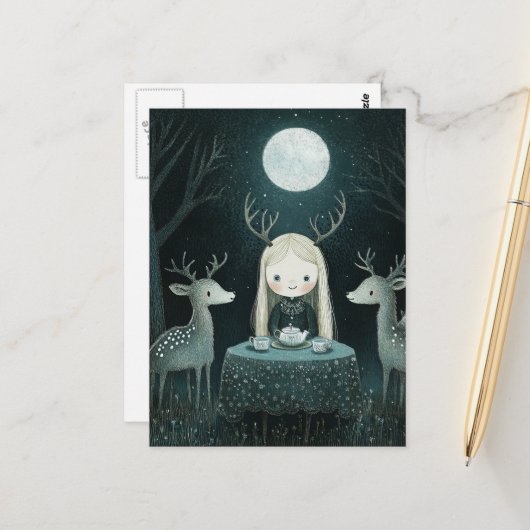 Vollmond-Picknick mit Hirschen Postkarte (Vorderseite/Rückseite Beispiel)