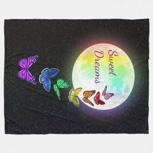 Vollmond & Regenbogenschmetterlinge Süße Träume Fleecedecke (Vorderseite (Horizontal))