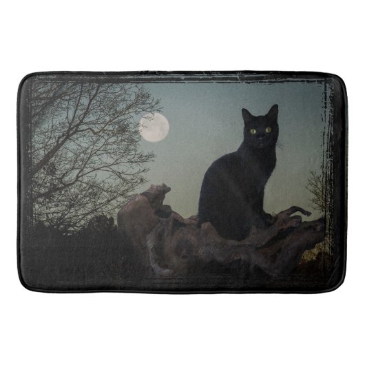 Vollmond Schwarze Katze auf einem Baum Badematte (Vorderseite)