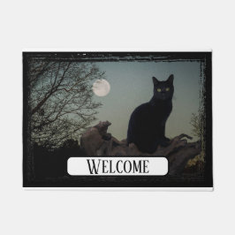 Vollmond Schwarze Katze auf einem Baum Fußmatte