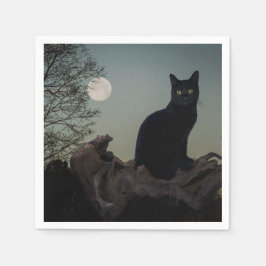 Vollmond Schwarze Katze auf einem Baum Serviette