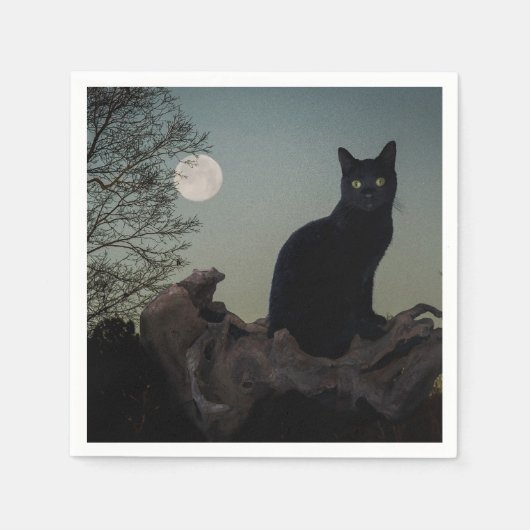 Vollmond Schwarze Katze auf einem Baum Serviette (Vorderseite)