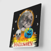 Vollmond, Skull und Blue Pumpkin am Abend. Quadratische Wanduhr (Winkel)