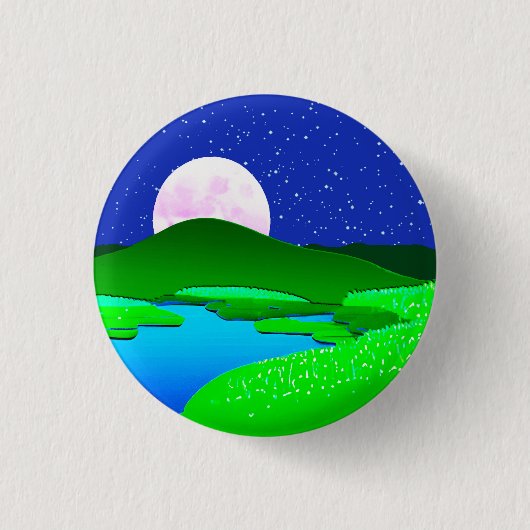 Vollmond steigt über grüne Hügel Button (Vorderseite)