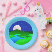 Vollmond steigt über grüne Hügel Pappteller (Party)