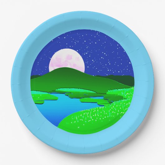 Vollmond steigt über grüne Hügel Pappteller (Vorderseite)