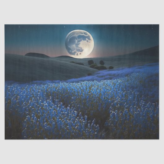 Vollmond über blaues Feld der Blume Entkopplung Seidenpapier (Vorderseite)