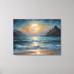 Vollmond über dem Ozean mit einem Berg Leinwanddruck