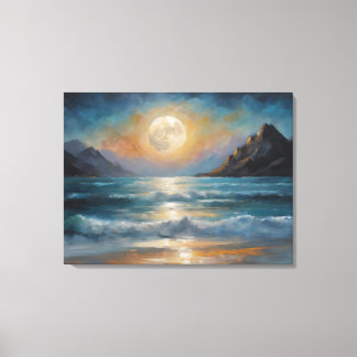 Vollmond über dem Ozean mit einem Berg Leinwanddruck