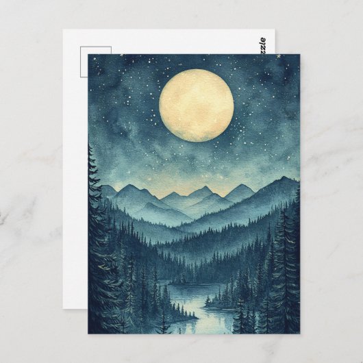 Vollmond über Landschaftliche Berglandschaft Postkarte (Vorne/Hinten)