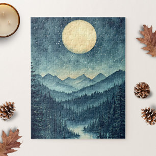 Vollmond über Landschaftliche Berglandschaft Puzzle