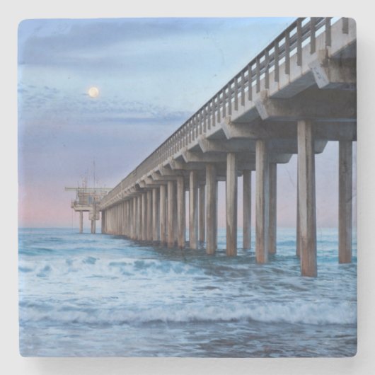 Vollmond über Pier, Kalifornien Steinuntersetzer (Vorderseite)