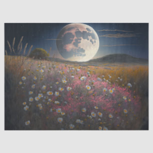 Vollmond über rosafarbenes Feld der Blume Seidenpapier
