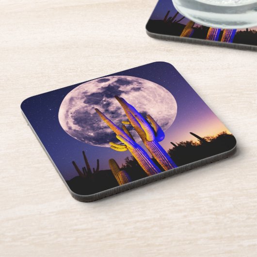 Vollmond über Saguaro Cactus Getränkeuntersetzer (Linke Seite)
