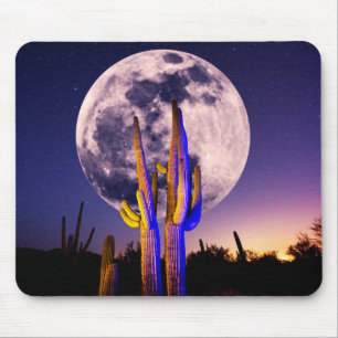 Vollmond über Saguaro-Kakteen Mousepad