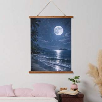 Vollmond über tropischem Strand Nacht Acryl Wandteppich Mit Holzrahmen