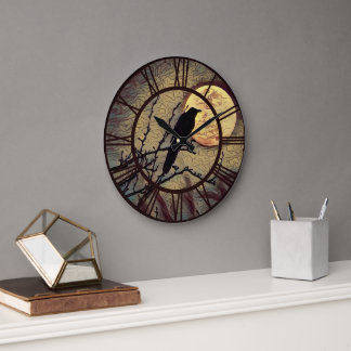 Vollmond- und Crow-Herbst Digitale Malerei Große Wanduhr